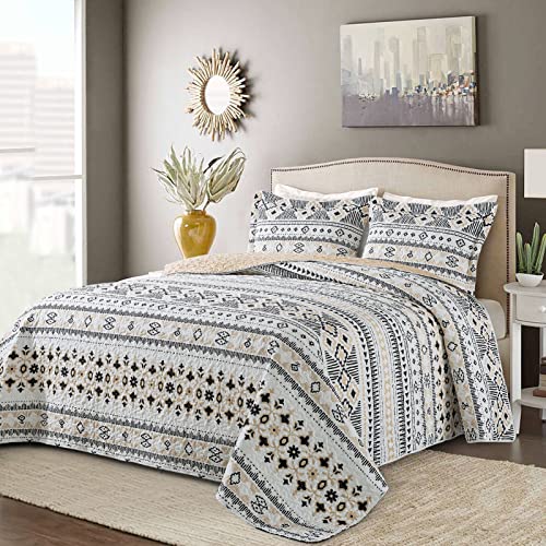 Bedifany Boho Quilt King Set, Stripe Bedspread King Size Lightweight Boho King Quilt, Farmhouse King Size Quilt Bedding Set For Bed Decoration, All-Season King Size Quilt, 3 Pieces (Black/Beige) #TOP1