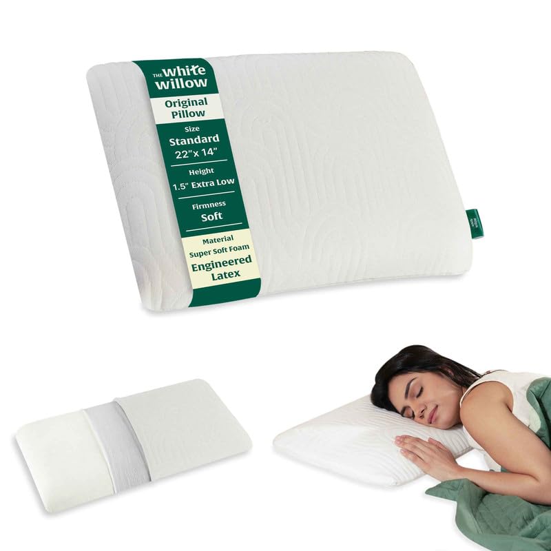 The White Willow Ultra Thin Pillow for Sleeping – Ultra Slim Engineered Latex, Super Soft for Neck & Shoulder Pain, Flat Orthopedic Cervical Support – Standard Size-1.5" H-Classic White
