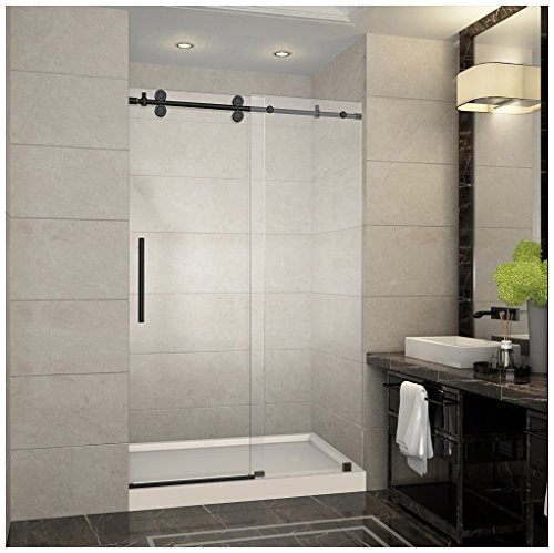 Aston Langham 48" x 36" x 77.5" Completely Frameless Sliding Shower Door and Right Drain Base, Oil Rubbed Bronze Aston Langham 48" x 36" x 77.5" Completely Frameless Sliding Shower Door and Right Drain Base, Oil Rubbed Bronze