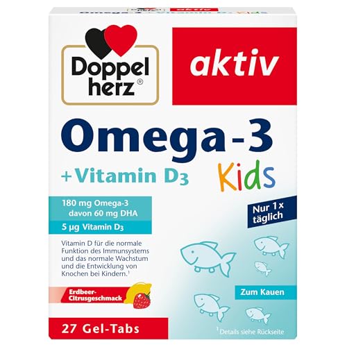 Doppelherz Omega-3 plus D3 Kids, Vitamin D wird für ein gesundes Wachstum und eine gesunde Entwicklung der Knochen bei Kindern benötigt, 27 Gel-Tabs Doppelherz Omega-3 plus D3 Kids, Vitamin D wird für ein gesundes Wachstum und eine gesunde Entwicklung der Knochen bei Kindern benötigt, 27 Gel-Tabs