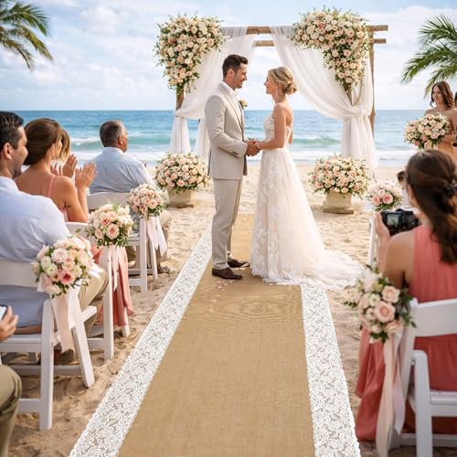 Image of 30Ftx36 in Natural Burlap Wedding Aisle Runner, Jute Weddings Runway Carpet | Rustic Ceremony Burlap Carpet Roll, Runway Carpet with Lace for Beach Garden Church Reception Craft Decoration