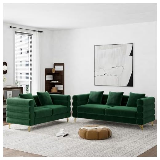 Wrofly Living Room Sofa and Loveseat Set, Modern Comfy Overstuffed Velvet Deep Seat Cloud Couch with 5 Pillows, Oversized Chesterfield Furniture Sets for Living Room Bedroom, Emerald Green Velvet