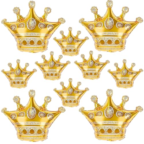Image of 10pcs Gold Crown Balloons, Gold Crown Foil Balloons, Large Aluminum Foil Balloon With Two Sizes For Birthday Baby Shower King Royalty Theme Party Wedding Bachelorette Engagement Decorations