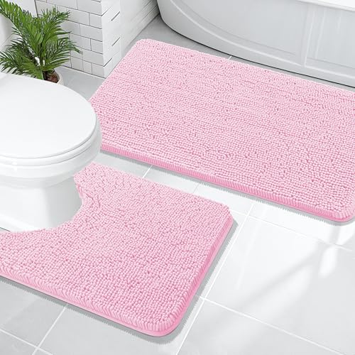 Image of OLANLY Bathroom Rugs Sets 2 Piece, Soft Absorbent Chenille Bath Mats and U-Shaped Contour Toilet Mat Area Rug Set, Machine Washable Bath Carpet, Home Decor Accessories(47 inchx20 inch+24 inchx20 inch, Pink)