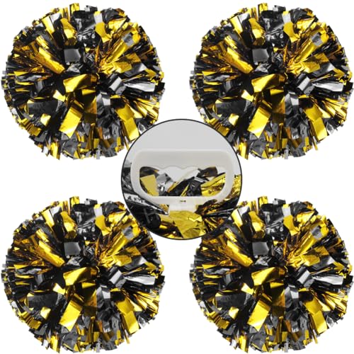 Hooshing 4PCS Black and Gold Pom Poms Cheerleading with Handle Cheer Pom Poms for Sports Team Spirit Performance