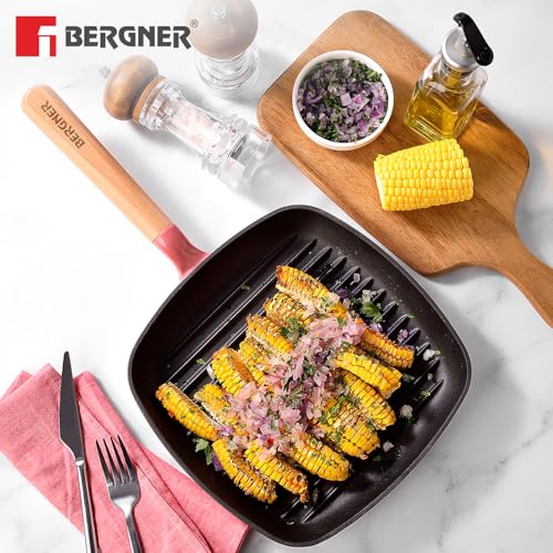 Image of BERGNER Excalibur Lightweight Cast Iron Square Grill Pan 24cm, Sturdy Wooden Handle, Non-Stick Coating, PFAS Free, Perfect Heat Distribution, Elegant Design - Induction Compatible (Pink)