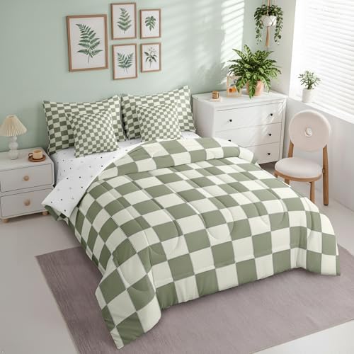 Image of Erosebridal Plaid Full Comforter Set 7 Piece Beige Sage Green Checkerboard Bed in A Bag with Sheets Geometric Checkered Bedding Set for Kids Boys Girls,Aesthetic Grid Bed Set