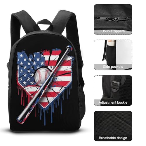 Baseball Home Plate Drip American Flag Game Day Backpack Set 3 Pieces Backpacks Lunch Bag Wallet For Travel Outdoor Sports3