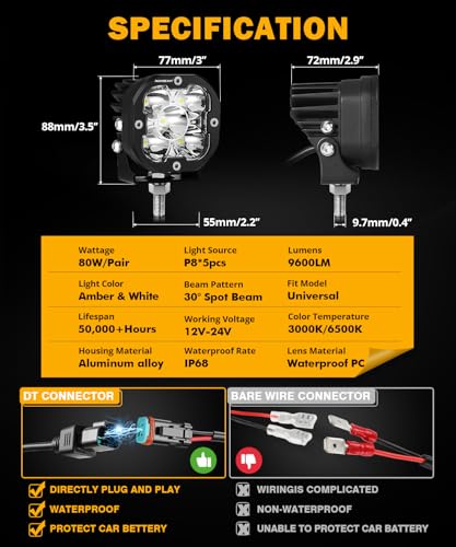Image of Auxbeam XP-Ultra Series 3 Inch LED Pods 9600LM Spot Beam Offroad Lights | 80W Output, 30 Focused Spot Beam, Amber White Covers Ditch Lights, Auxiliary Off-Road Light, for Trucks Jeep 4x4 ATV UTV SUV