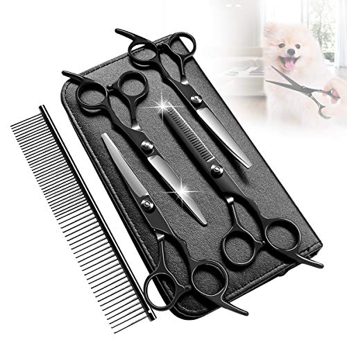 Pet Grooming Scissors for Dogs Cats Straight & Thinning & Curved Scissors Set for Dog Grooming (Black Scissors for Pet)