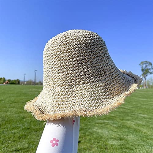 Womens Straw Sun Hat Wide Brim Floppy Summer Beach Hats Frayed Crochet Bucket Hat Foldable (M, Beige) #TOP6