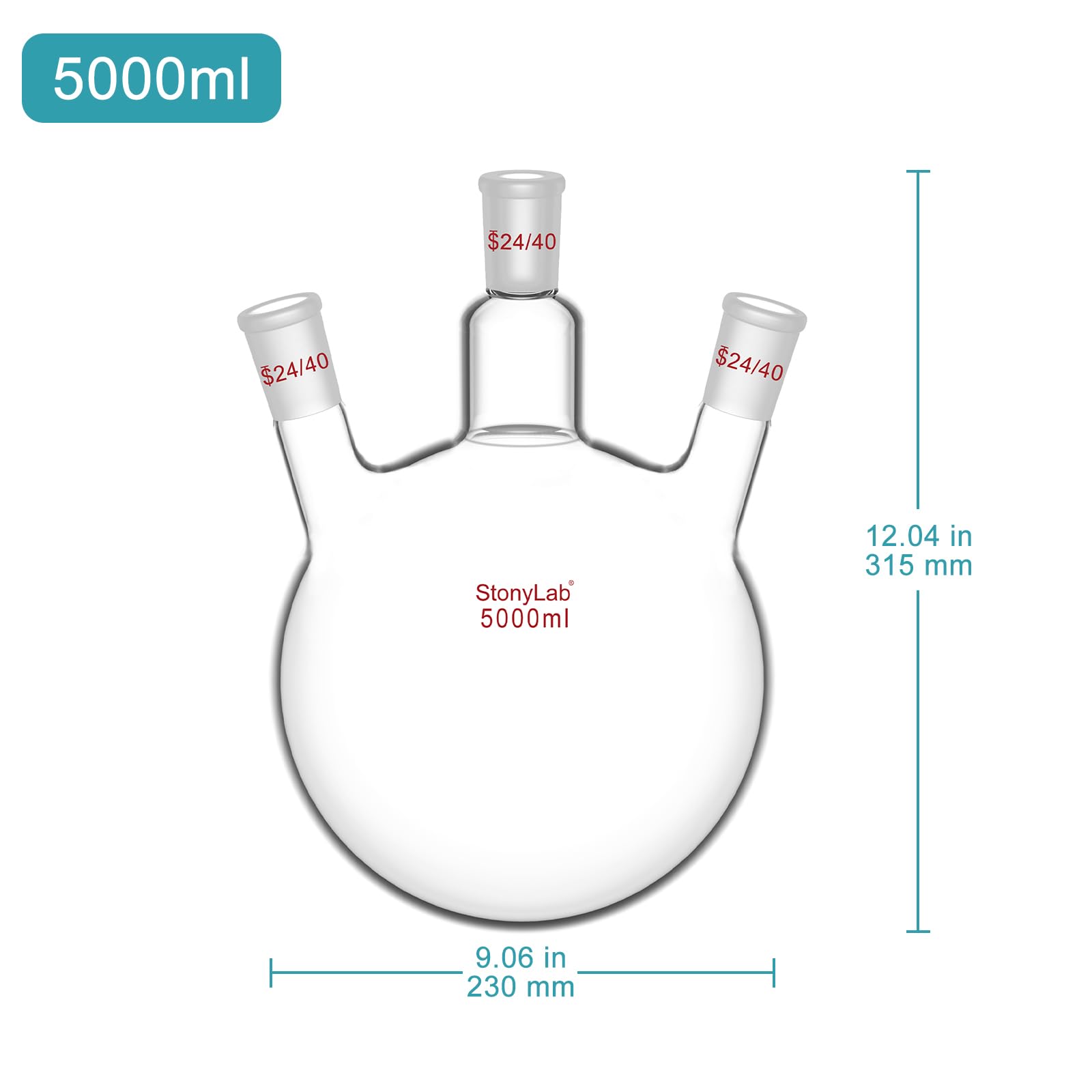 StonyLab 50 ml szklana kolba okrągła z 3 szyjami RBF, z 24/40 centrami i bocznym standardowym złączem Taper Outer Joint (5 l)