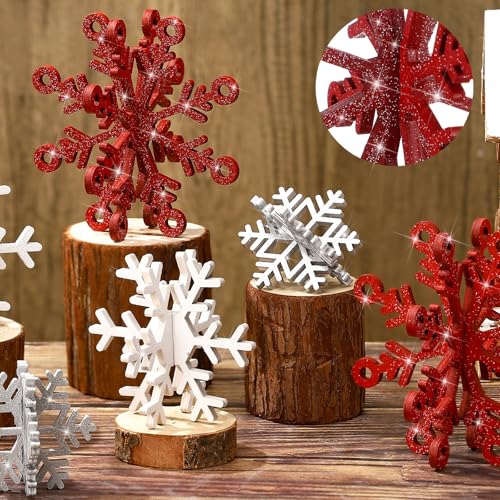 Yousoontic 12 Pcs Christmas Table Centerpiece 3D Wooden Snowflake Decor Winter Snowflake Tabletop Decorations Red White Glitter Christmas Centerpiece for Tiered Tray Xmas Party Supplies