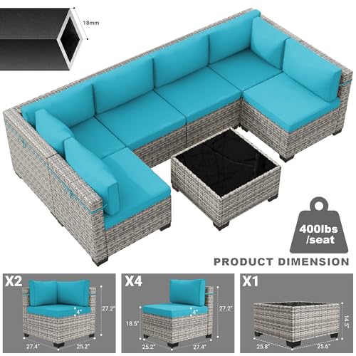 Image of Outdoor PE Wicker Rattan Modular Patio Sectional Sofa Set | 7-Piece: 6 Modular Seats & Coffee Table with Thick Cushions, Lake Blue