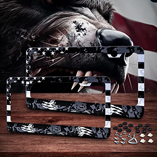 Image of USA Grizzly Grey Bear License Plate Frames 2 Pcs Pack, Patriotic Car Tags, Aluminum License Plate Frame Holder