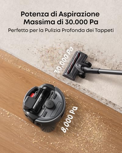eufy E20 Robot Aspirapolvere 3 in 1, Svuotamento Automatico, Aspirazione 30.000 Pa, Filtraggio a 5 Stadi, Evitamento Ostacoli e Spazzola Antigroviglio. Ideale per Tappeti, Fessure e Scale