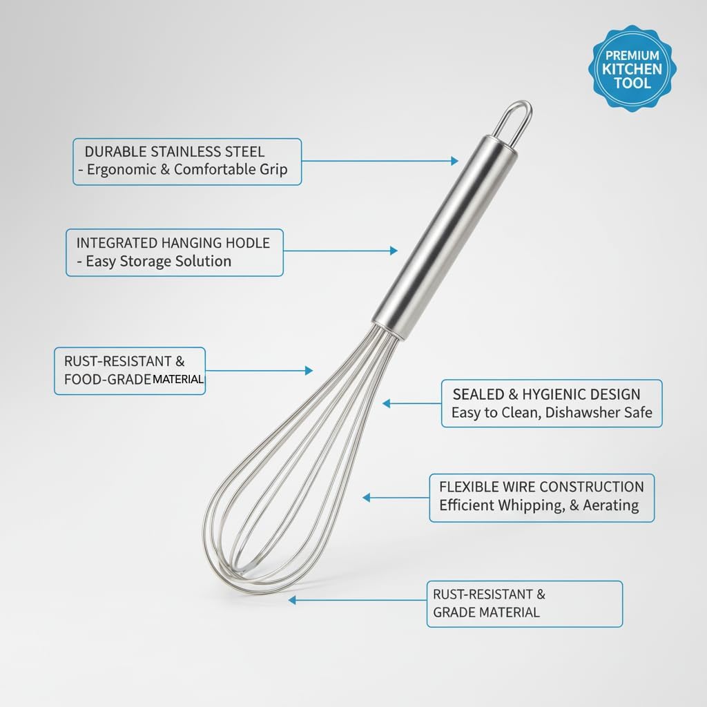 10-Inch Stainless Steel Balloon Whisk – Wire Whip for Cooking, Baking, Blending & Beating – Ergonomic Kitchen Utensil for Eggs, Sauces, Gravy & Batter – Dishwasher Safe & Rust Resistant