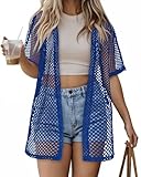 CHICGAL Women Swimsuit Coverup Crochet Beach Cover Up Short Sleeve Kimono Cardigans Causal Bikini Open Front Outfits (Royal Blue,XL)
