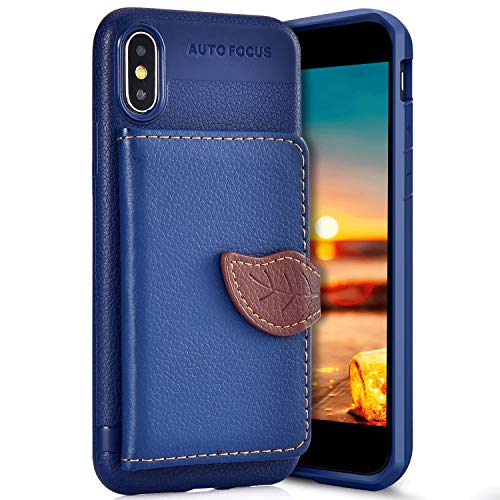 Robinsoni Case Compatible with iPhone X Phone Case Wallet iPhone XS Leather PC Phone Cover Shockproof Kickstand Case Flip Note Book Style Phone Cover Heavy Duty Case Hard Case Leaf Blue