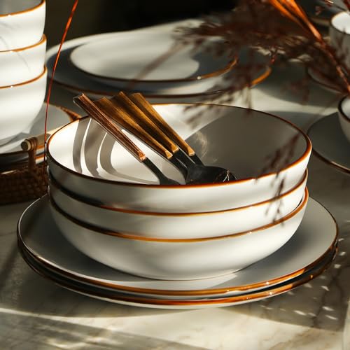 Image of Stone Lain Brasa Stoneware 16 Piece Modern Dinnerware Sets, Plates and Bowls Service for 4, White, Microwave & Dishwasher Safe