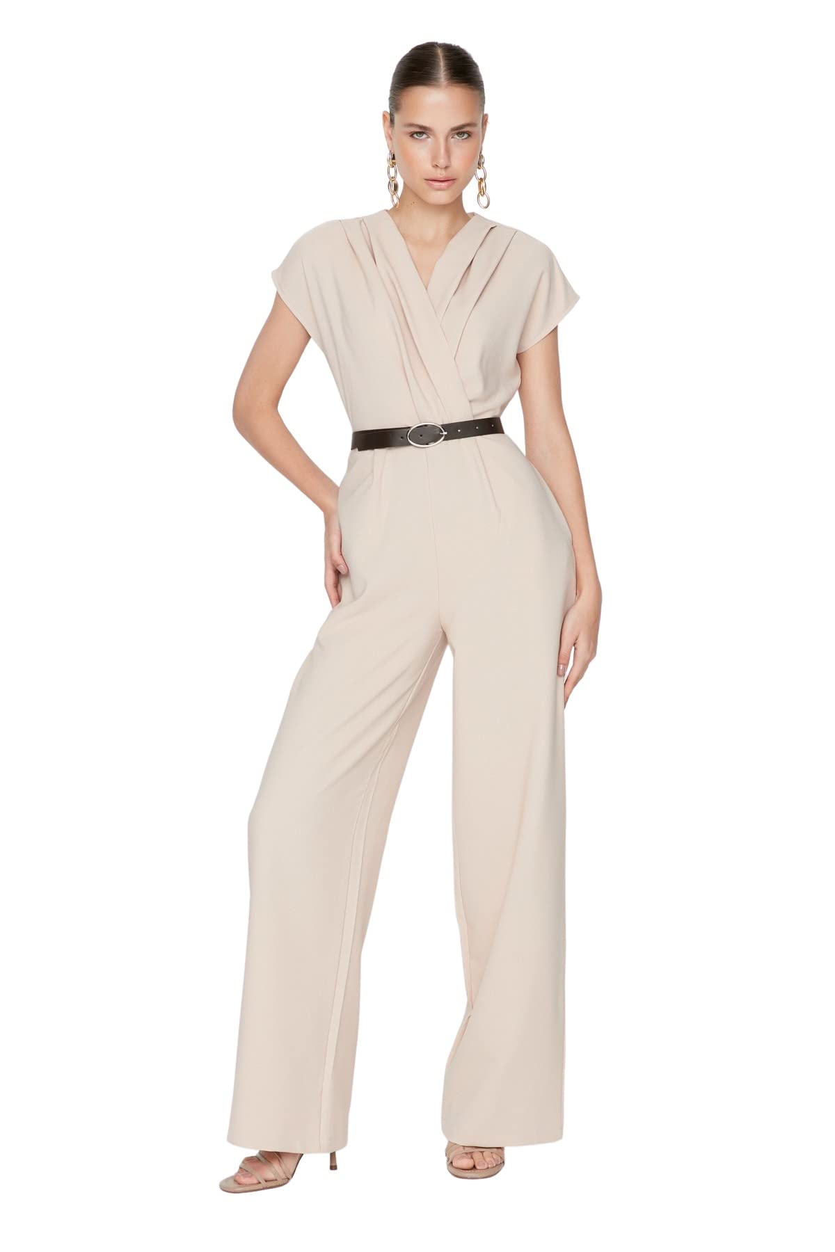 Trendyol Damen Beige Einfarbiger Gewölbter Detaillierter Gewebter Overall, Stone, 60