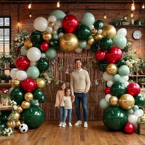 Image of Soccer Balloon Arch Kit, Double Stuffed Dark Green Red Pearl White Gold Balloons Emerald Green Burgundy Balloon Garland for World Cup Soccers Football Sports Theme Birthday Graduation Party Decoration