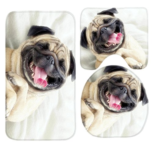 Cute Pug Dog Bath Mat Set,3 Piece Bathroom Mats Set Non-Slip Bathroom Rugs/Contour Mat/Toilet Cover by TEYAYA