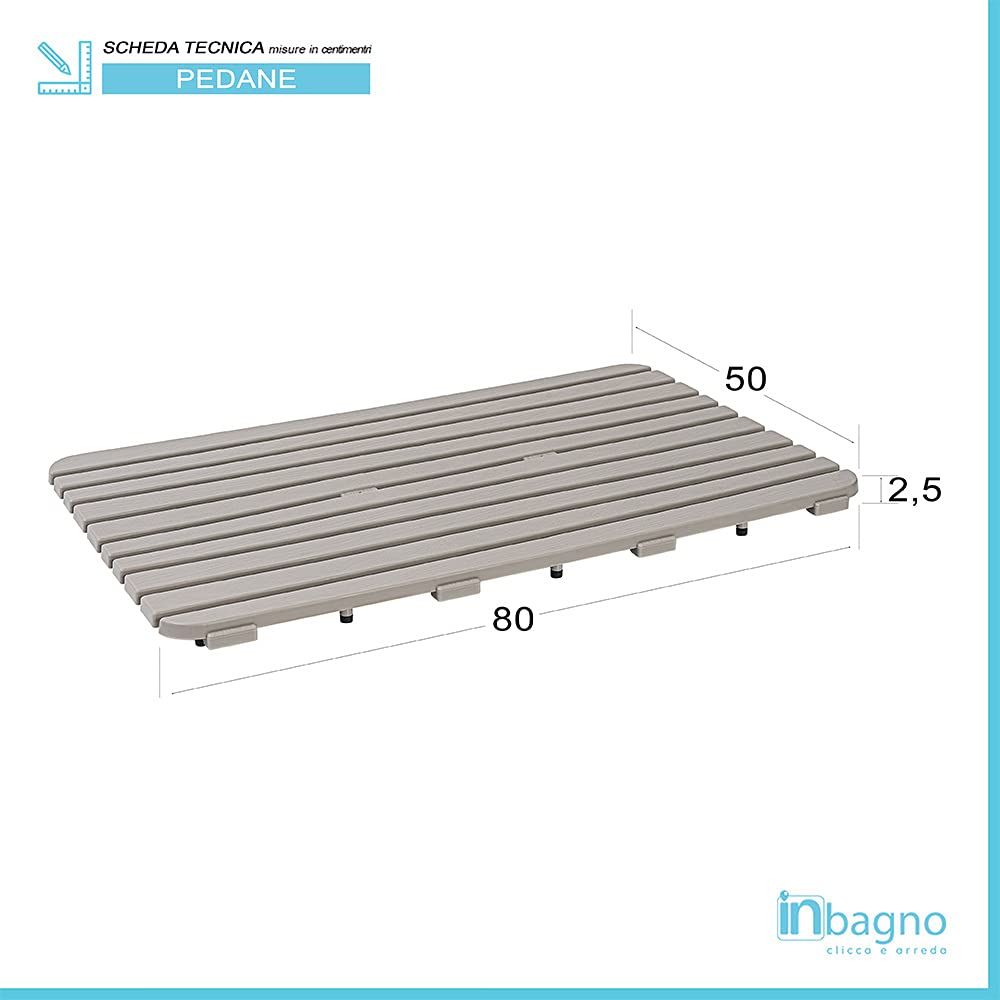 Pedana Doccia Antiscivolo Rettangolare, 80x50x2.5 cm, PP Alta Resistenza Ideale per Interno Esterno (Tortora)