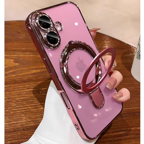 Image of Magnetic Ring Case for iPhone 16 Case Kickstand Compatible with MagSafe Built-in Camera Lens Protector Shockproof Phone Case for iPhone 16 6.1 inch - Pink