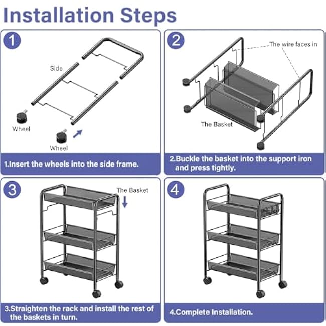 3 Tier Rolling Cart, Rust-Resistant Mesh Wire Metal Utility Cart with Wheels & 4 Side Hooks, Tool-Free Assembly, for Kitchen, Bathroom, Laundry Room, Living Room, Pantry, Dorm-fXtBsuwo