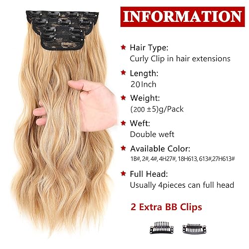 Xtrend 20Inch Long Wavy Hair Extensions curly hair extension bleach blonde Synthetic Hair pieces for Women Girls 4PCS Full Head Set Thick Curly Wavy Synthetic Hair Extensions(Mixed blonde) - Image 2