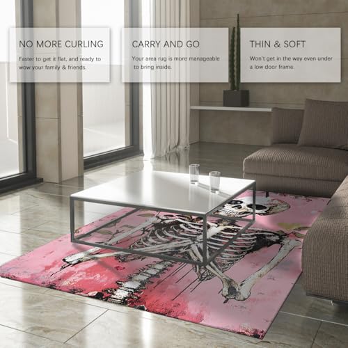 Tapis dégradé à poils bas rose fleuri skeleton forme crâne gothique 60x90