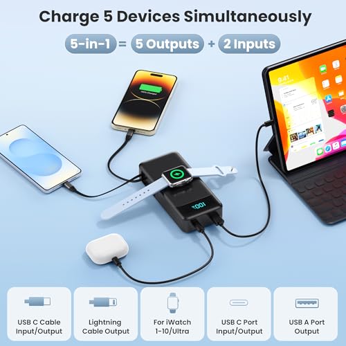Image of 5-in-1 Portable Charger for iPhone,40800mAh Power Bank Built-in Retractable Cable and iWatch Charger,25W PD QC4.0 Fast Charging Battery Pack,Travel Essential Charger for iPhone 17 /Air /16,Android,Black