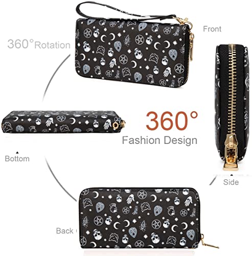 Image of Checkered Cow Print Wallet For Women Skull Goth Frog Butterfly Turtle Ladies Cluth Wristlet Wrist Strap Long Purse Zip Around Card Holder