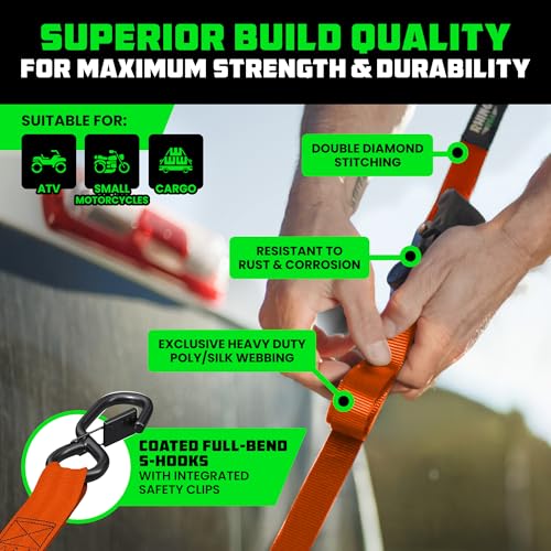 Image of Rhino USA Retractable Ratchet Straps (4-Pack) - 1 Inch x 10 Feet (1,209lb Break Strength) - Auto Self Retracting Tie Down Straps for Truck, Cargo Trailer, Motorcycle, ATV, UTV - Orange