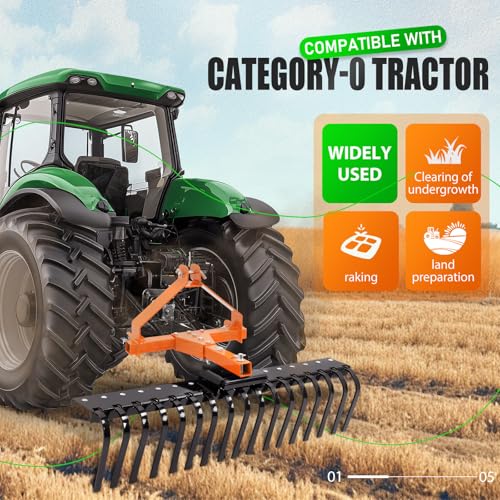 Image of KUAFU 50 inch 3 Point Landscape Rock Rake for Category-0 Cat-0 Tractor with