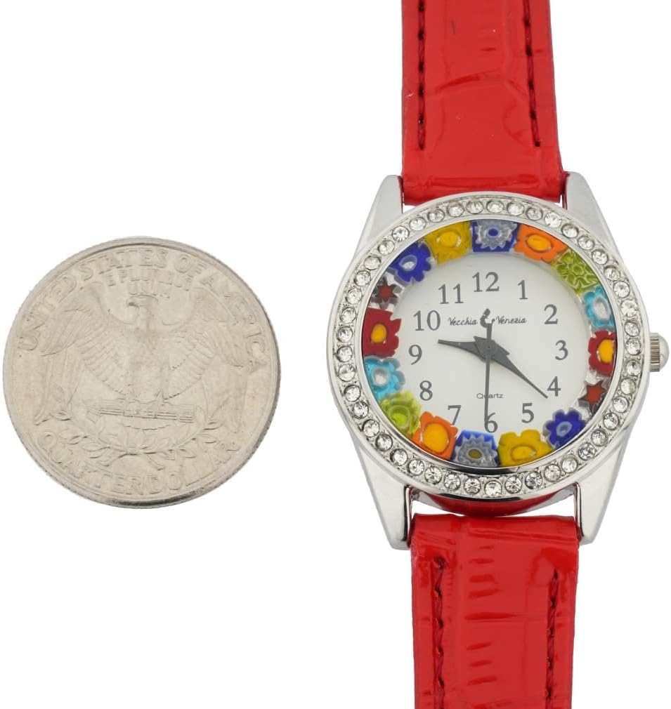 Glass Of Venice Murano Glass Watch Millefiori and Crystals with Leather Band - Red