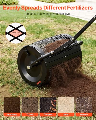 Image of VEVOR Compost Spreader, 16.5 inch Wide Peat Moss Spreader with T Shaped Handle, 3 Heights Adjustable, Powder-Coated Steel Garden Peat Moss Roller, Heavy Duty Grass Seed Roller for Planting Seeding, Black