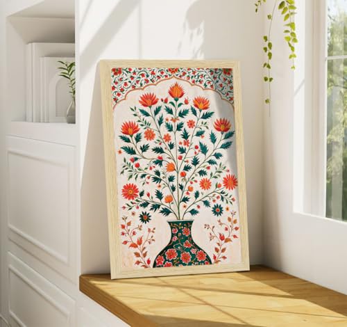 Image of ArtX Paper Floral Art Paintings with Frame for Home Decor, Madhubani Wall Painting for Living Room, Multicolor, Natural Wood Color Frames, 12.0 x 18.0 inch, Set of 2