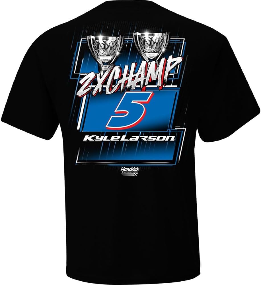 Checkered Flag Sports Kyle Larson 2025 NASCAR 2X Championship Trophy 2-Spot T-Shirt Black - Image 3