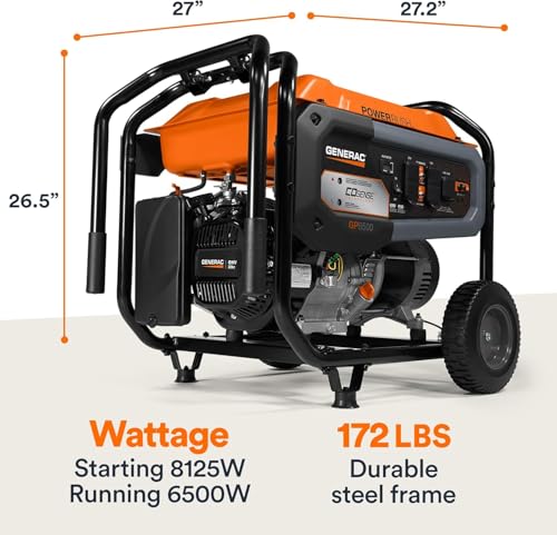Image of Generac 8,125 Starting Watt Portable Gas Generator, PowerRush Technology, COsense Carbon Monoxide Detection, 10.5 Hour Runtime, Heavy Duty Steel Frame, Home Backup Emergency, 49-State