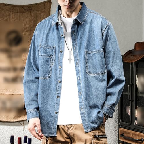 DGKaxiyaHM Men's Distressed Casual Denim Shirt Classic Vintage Long Sleeve Jean Coat Washed Button Down Outerwear (3X-Large,Blue 1)2