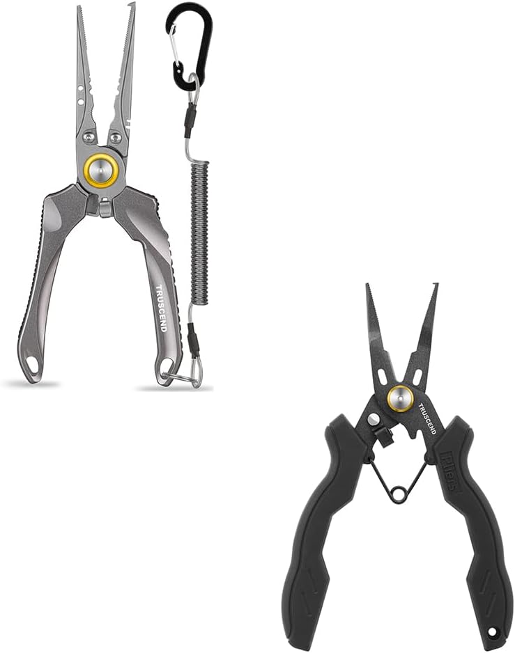 TRUSCEND Lockable Handy Fishing Pliers with Innovative Ergonomic Handle, Saltwater Corrosion Resistant Teflon Coated Fishing Tool, Multi-Function Fishing Gear with Mo-V Cutter, Amazing Fishing Gift