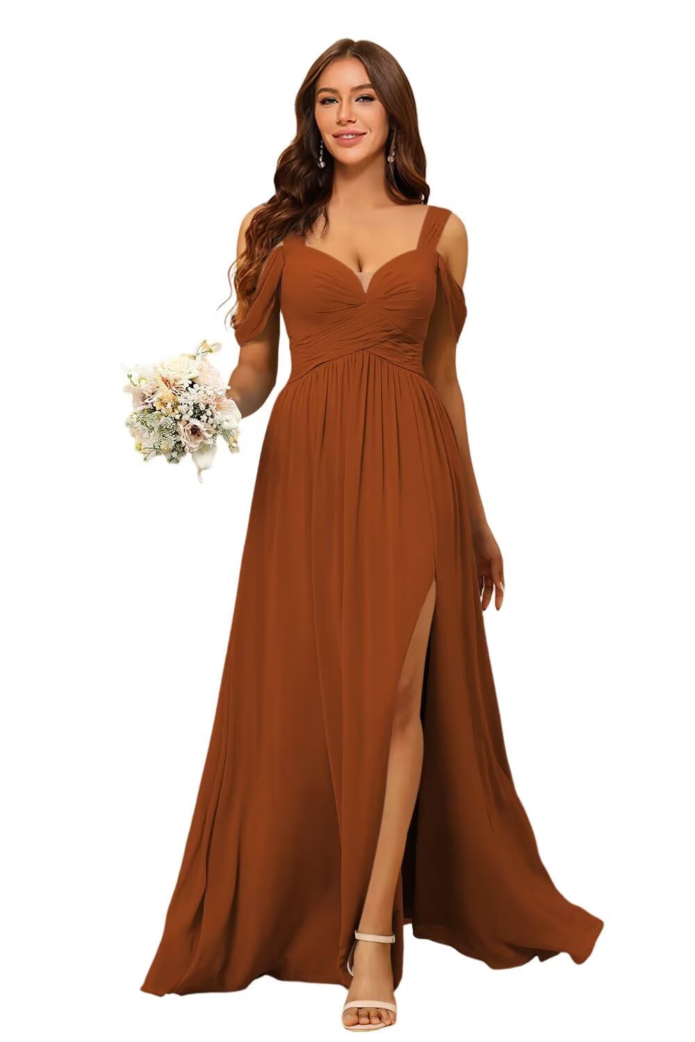 PUXIU Women's Cold Shoulder Bridesmaid Dresses 2025 with Silt Chiffon Pleated Formal Evening Dress PUS061