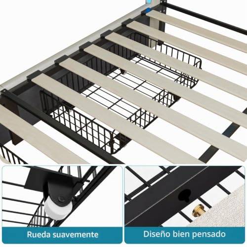 Miniatura 8 de Brilverde Cama Tapizada 140x200 Con Almacenaje, Con 4 Cajones, Cama Matrimonial Con Toma Usb Y Luz Led, Con Cabecero Y Somier De Láminas, Lino Beige, 140 X 200 Cm