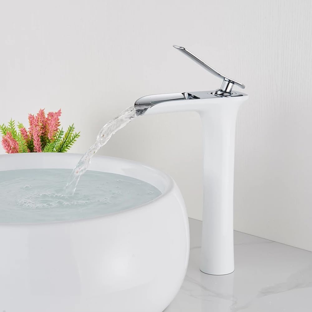Wasserhahn Bad Wasserfall Waschtischarmatur Messing Einhebel Mischbatterie Hoch Waschbecken Armatur, Badarmatur Waschtischbatterie Badezimmer, Weiß