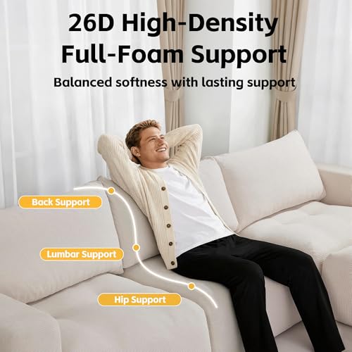 MCombo 121" Modular Sofa Couch, No Assembly Required, L Shaped Compressed Sectional Sofa with Ottoman, Deep Seat Upholstered Boneless Couch for Living Room, SS378 (White) - Image 6