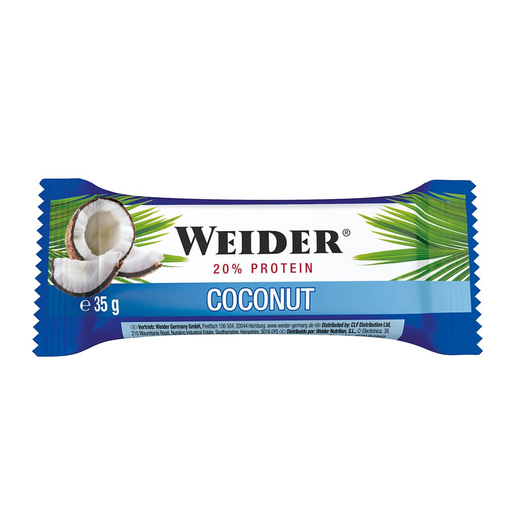 WEIDER Fitness Proteinriegel, leckere Eiweißriegel mit Kokos, kleiner Protein Snack für Zwischendurch, praktischer Energieriegel für unterwegs, Box mit 24 x 35 g