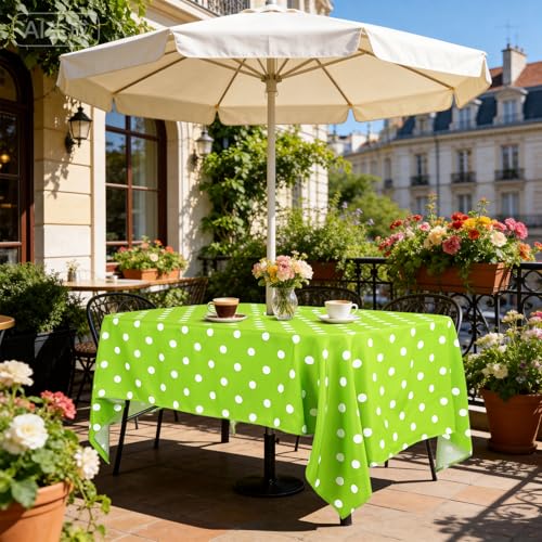 Image of Poise3EHome 60X84 Outdoor /Indoor Waterproof Spillproof Rectangle Tablecloth with Umbrella Hole for Camping, Picnic, Afternoon Tea, BBQ, Green Dot