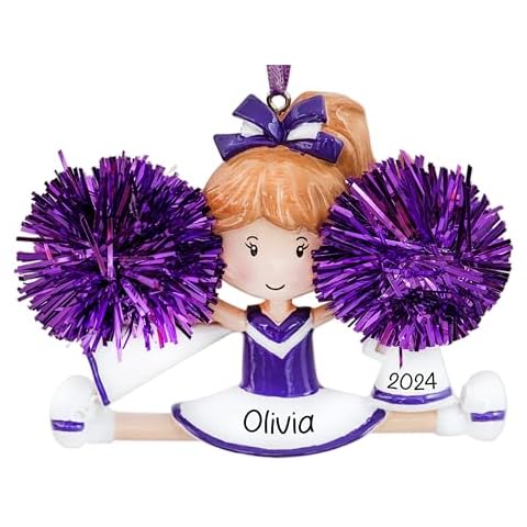 UniqXmas Personalized Cheerleader Christmas Ornament 2024 - Free Customization | Cheer Girl Dancer Figurine Cheerleading with Real Purple Pompom for Xmas Tree | Unique Keepsake - Custom Name & Year Cover